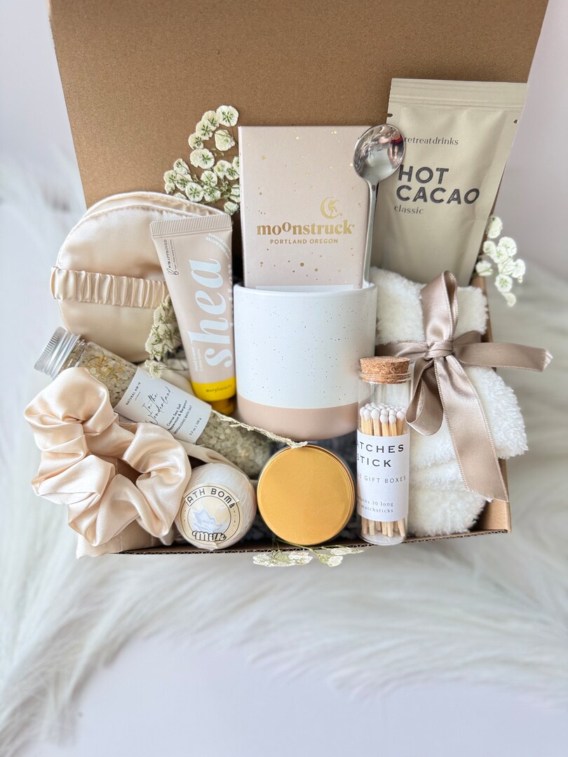 Cozy Self Care Gift Box for Her, Spa Gift Set with Mug, Hot Cacao, Sleep Mask, Relaxing Care Package, Birthday Gift for Women